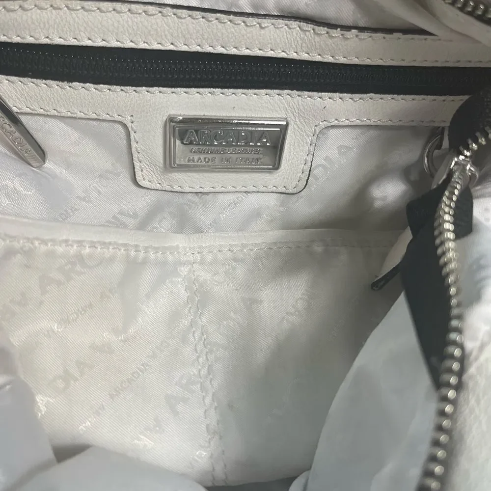 ARCADIA made in Italy White Genuine Leather Satchel Snake skin print accent.